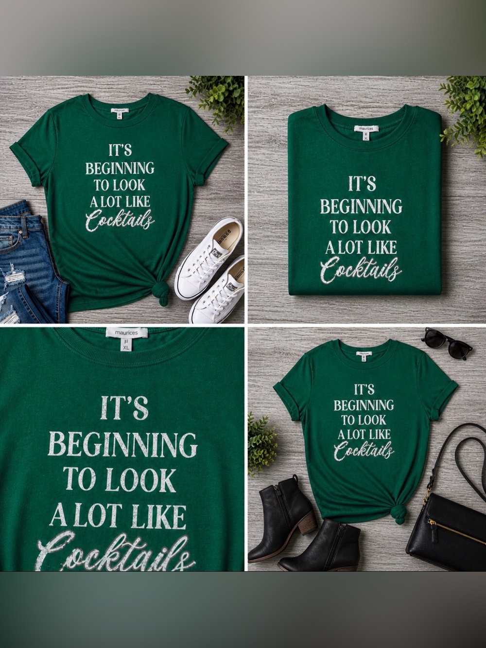 Emerald Green “It’s Beginning to Look Like Cocktails” Graphic Tee | Size: XL - Picture 4 of 5